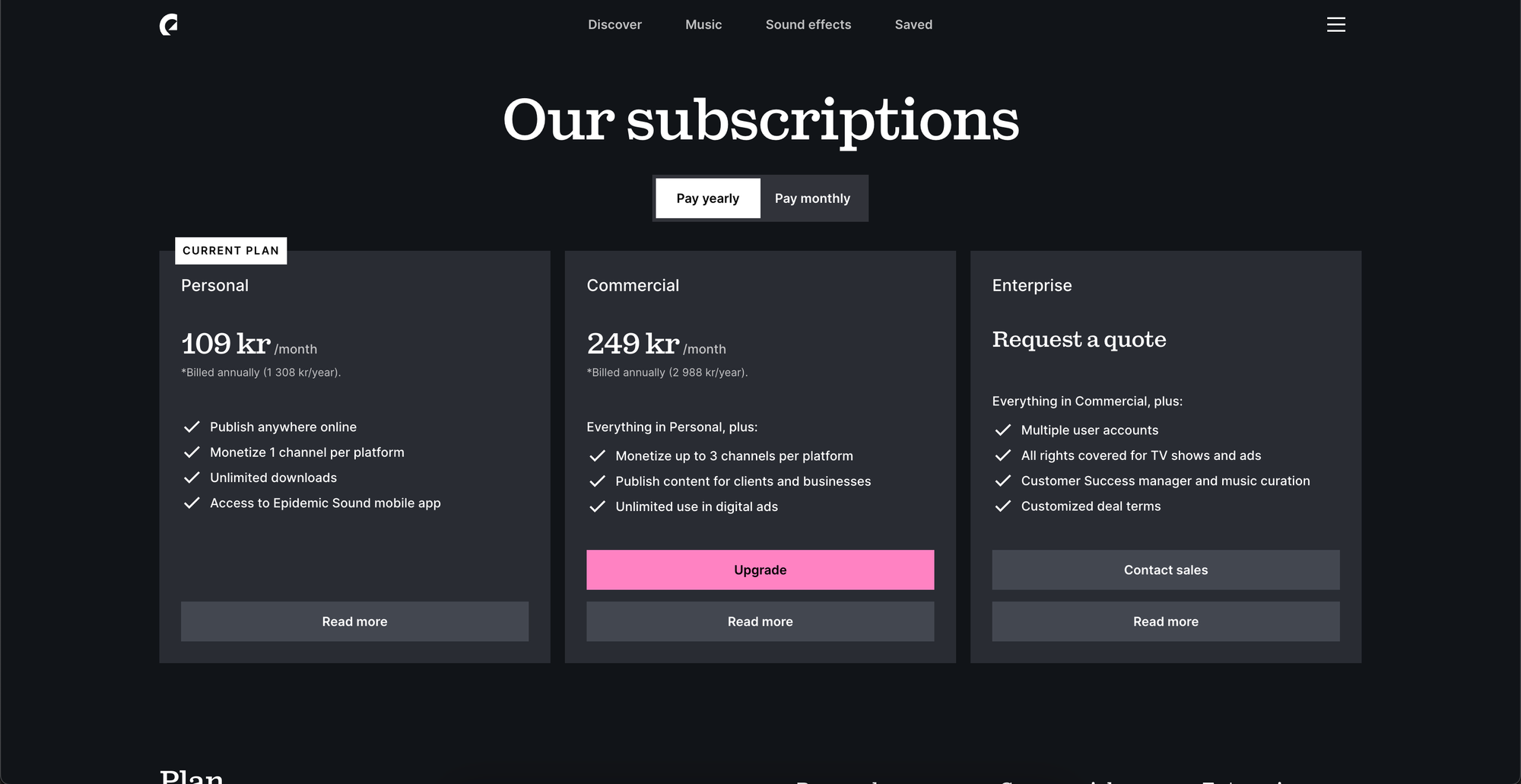 Epidemic Sound new design for pricing page